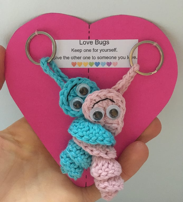 Crochet Love Bug Keyring - Blue And Pink - Valentines Gift