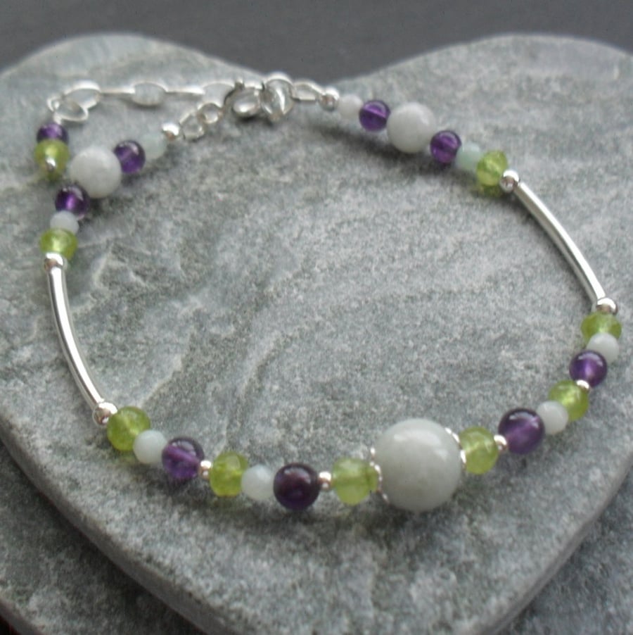  Jadeite Amethyst Peridot and Amazonite Gemstone Sterling Silver Bracelet 