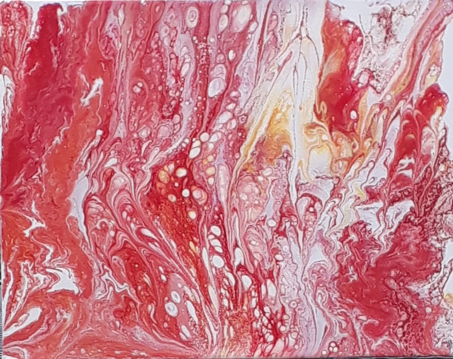 Original acrylic pour painting, red under water coral sea plants on canvas