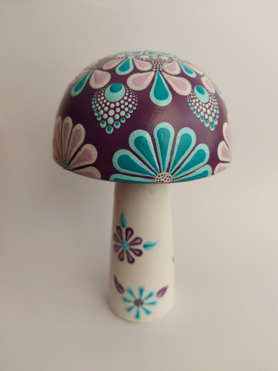 Floral Dot Painting on Wooden Mushroom Toadstool Ornament