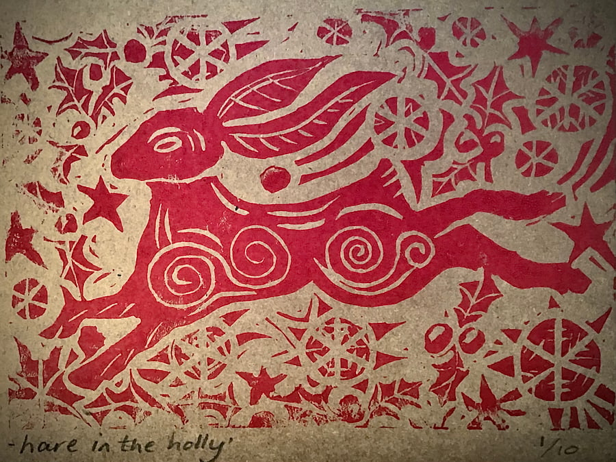 “Hare in the Holly” Red on brown card