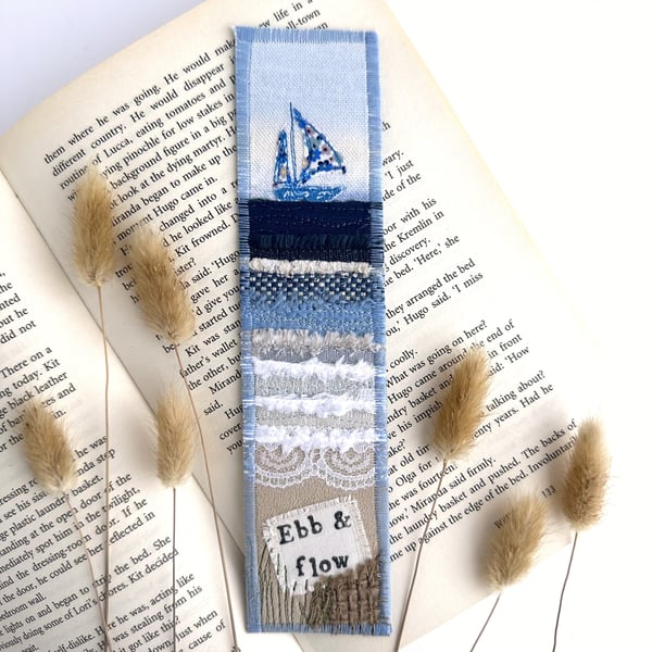 Bookmark with Beach, Sea and Blue Yacht