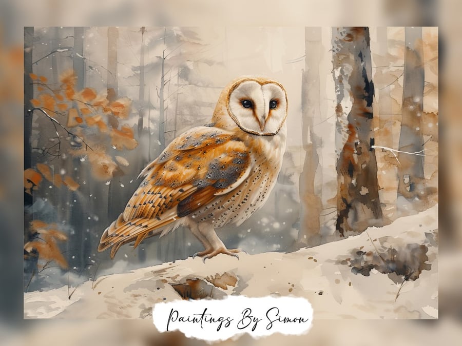 Enchanting Winter Owl Scene, Watercolor Painting Print 5"x7" on Matte Paper