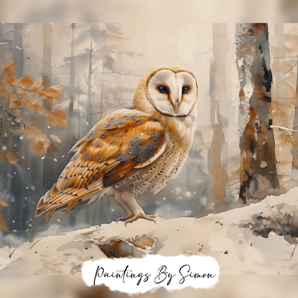 Enchanting Winter Owl Scene, Watercolor Painting Print 5"x7" on Matte Paper