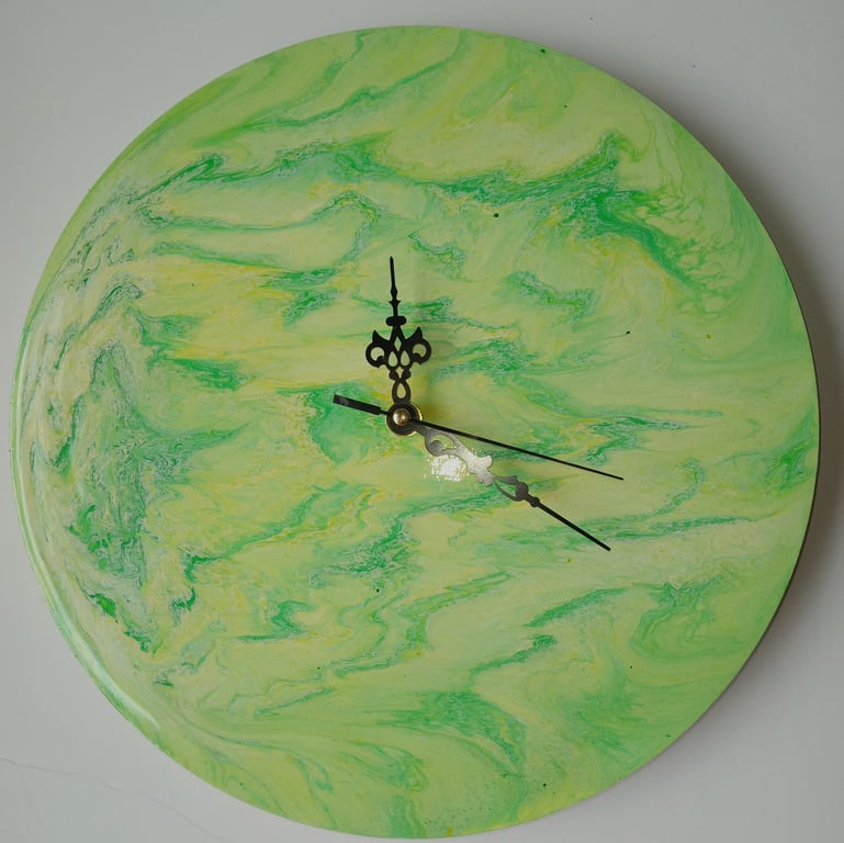 "Green Serenity" Hand-Painted Fluid Art Wall Clock, Silent Home Decor
