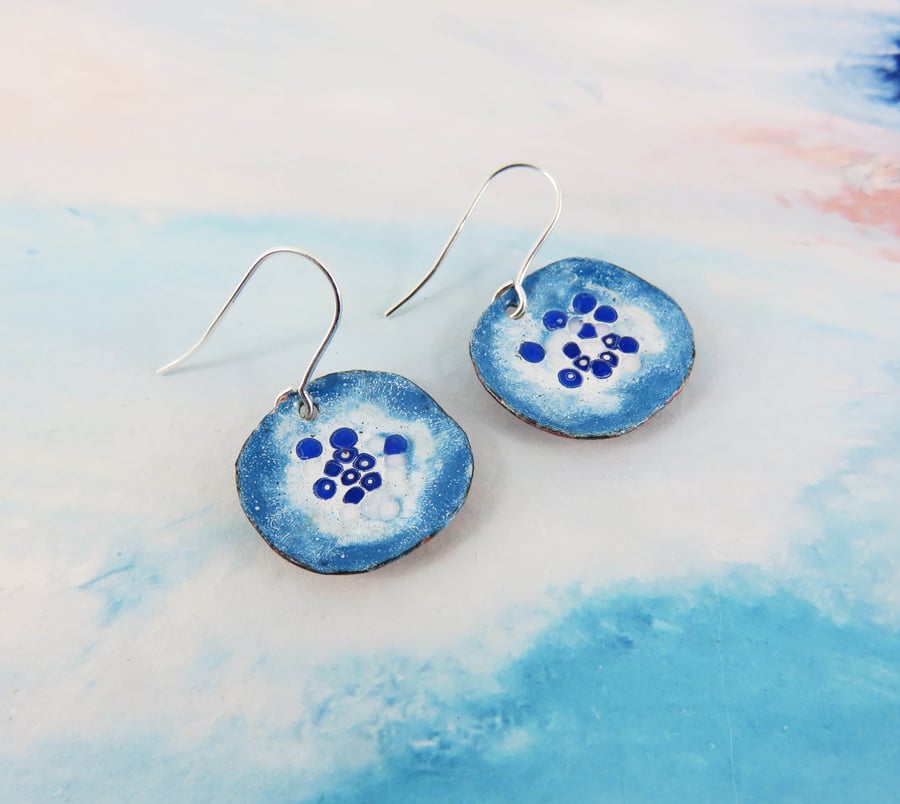 Enamel and Copper Turquoise and White Unique Dangles Earrings