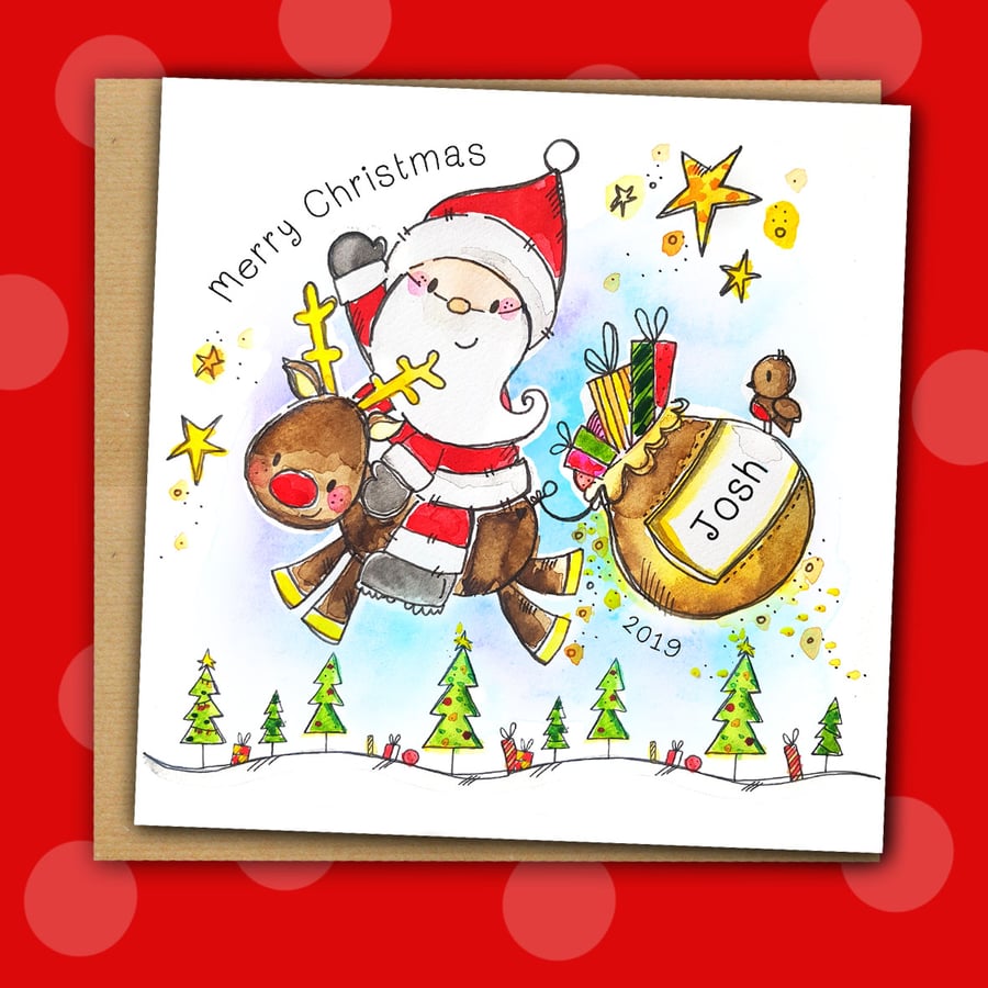 Yee-ahh Santa Christmas personalised white square 6" linen card