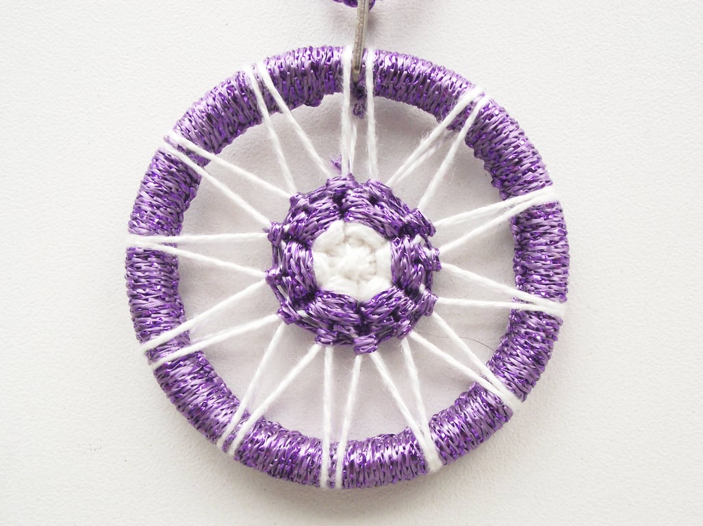 Christmas Decoration, Dorset Button, Purple Lurex, White, Handmade