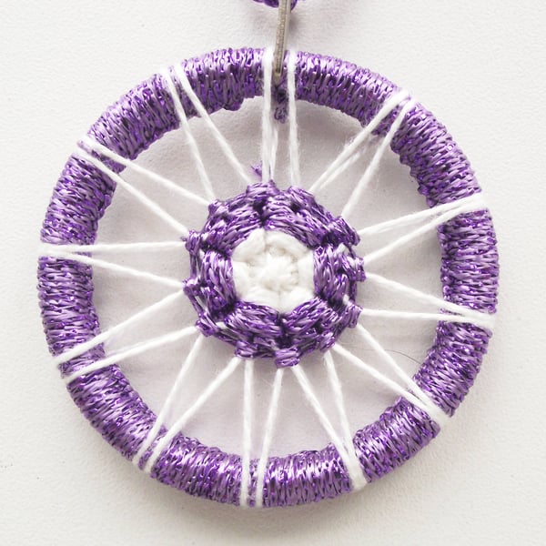 Christmas Decoration, Dorset Button, Purple Lurex, White, Handmade