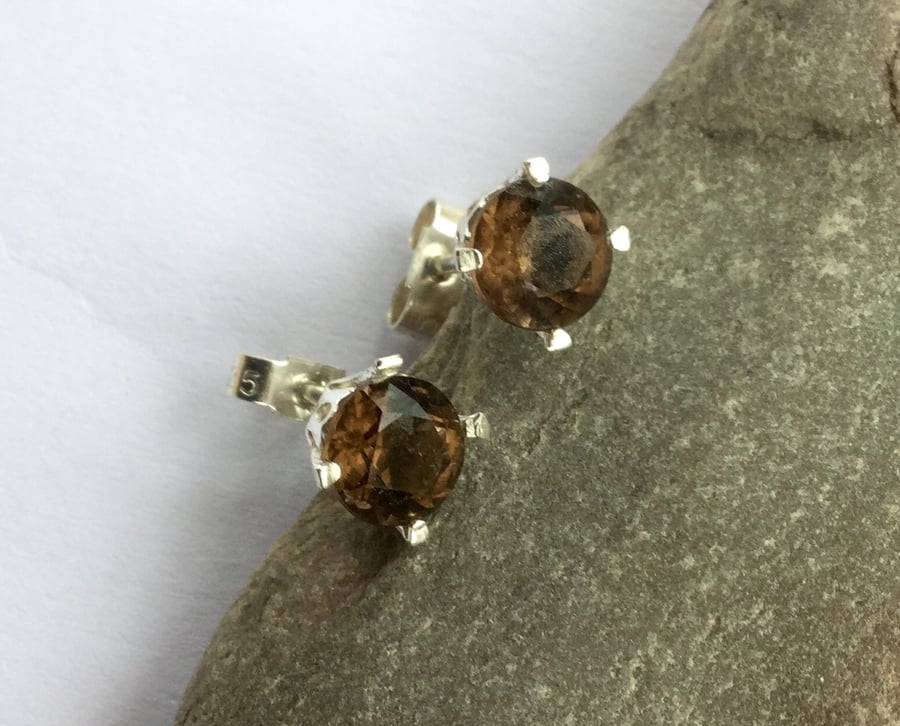 Sterling Silver Stud Earrings with Smoky Quartz Gemstones