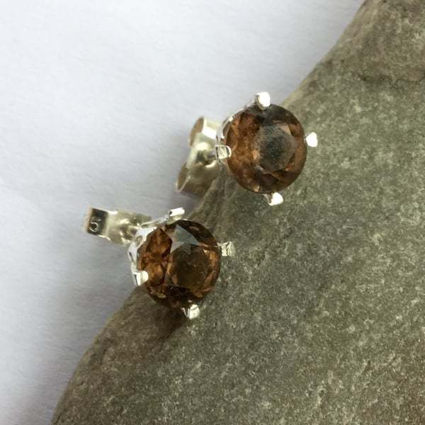 Sterling Silver Stud Earrings with Smoky Quartz Gemstones