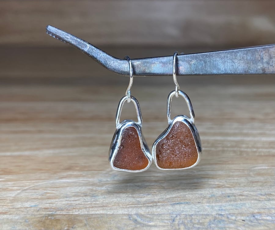 Handmade Sterling & Fine Silver Dangle Earrings With Amber Welsh Sea-Glass