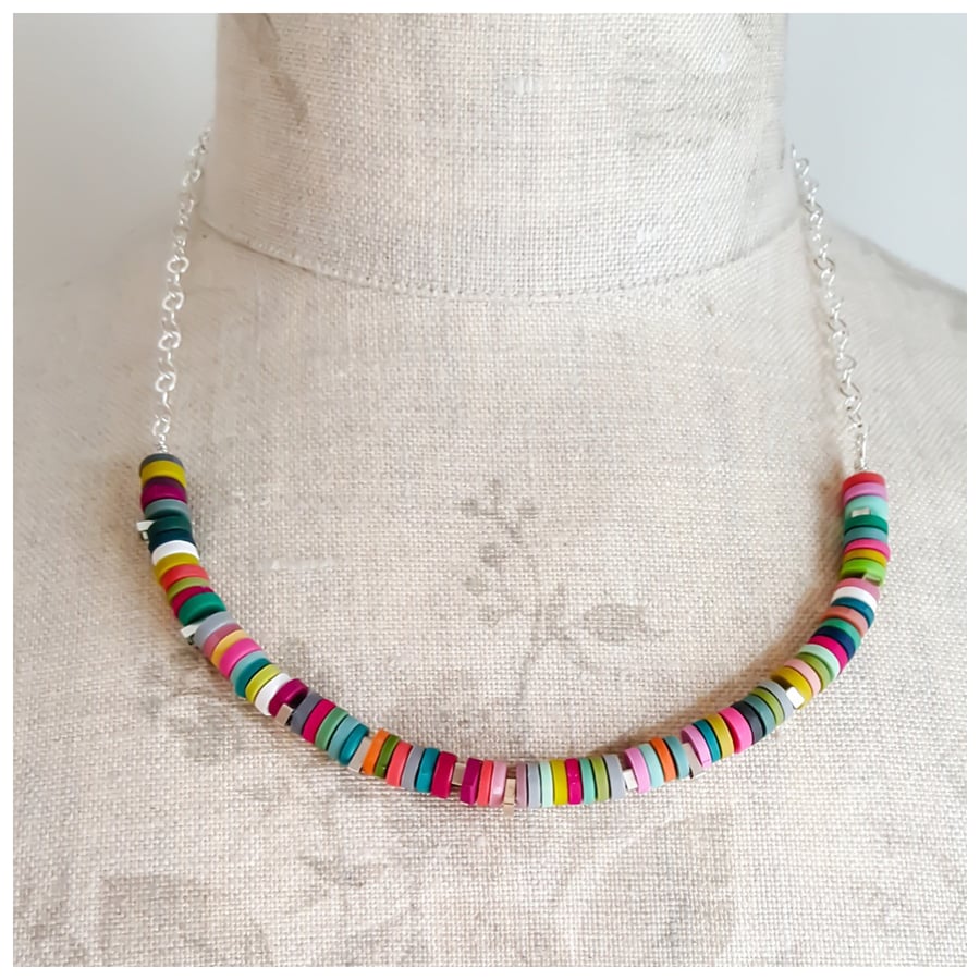 Colourful Tiny Disc Sterling Silver Necklace, Modern, Contemporary Jewellery