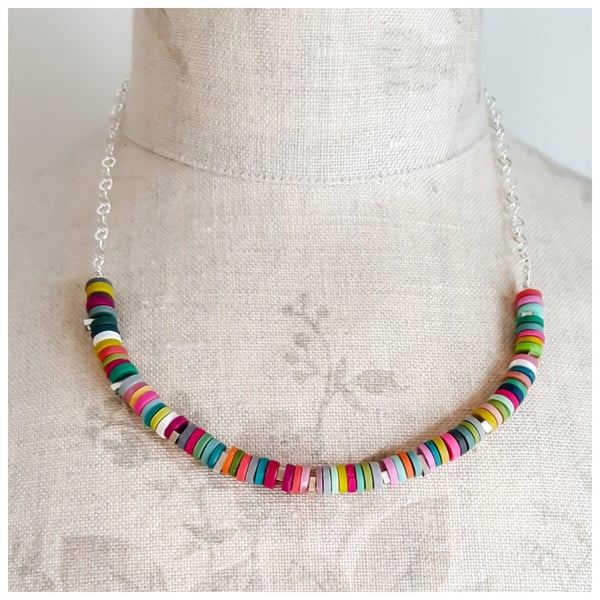 Colourful Tiny Disc Sterling Silver Necklace, Modern, Contemporary Jewellery