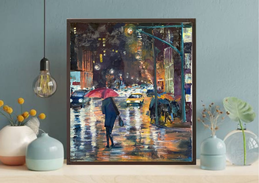 Rainy Painting NYC Canvas Original City Wall Art Dark Abstract New York Artwork 