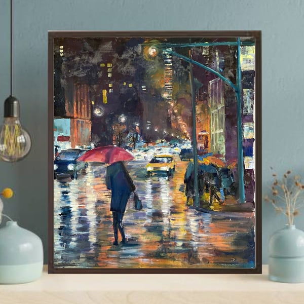 Rainy Painting NYC Canvas Original City Wall Art Dark Abstract New York Artwork 