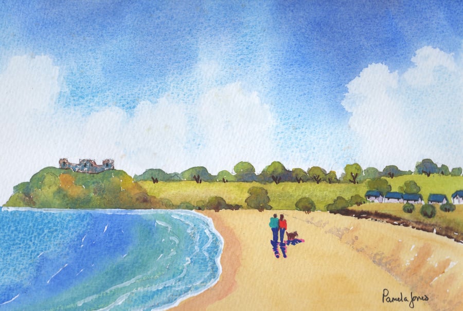 Dog Walk, Llanstephan Castle, Carms, Original Watercolour in 14 x 11 Mount