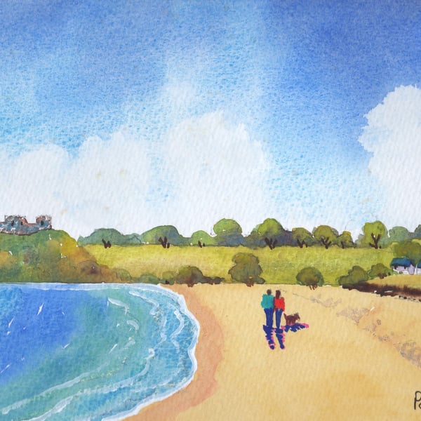 Dog Walk, Llanstephan Castle, Carms, Original Watercolour in 14 x 11 Mount