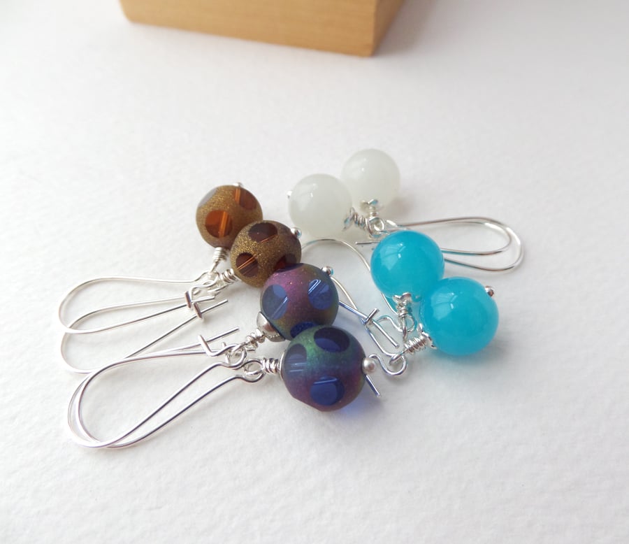 Choice of colours, Big Round Bead, Silver Dangle Earrings 