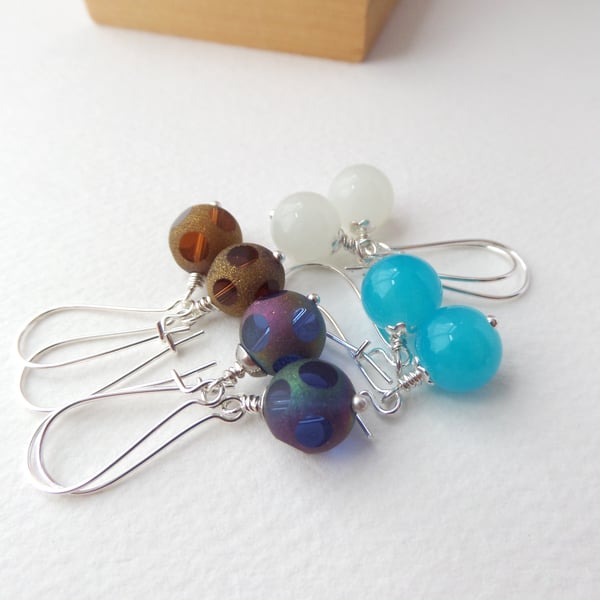 Choice of colours, Big Round Bead, Silver Dangle Earrings 