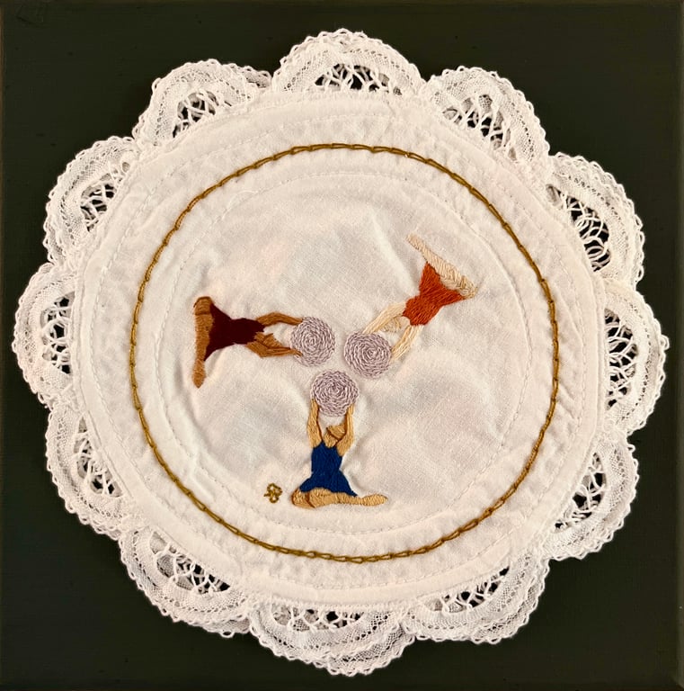 'Sisterhood' Hand stitched embroidery art on vintage fabric