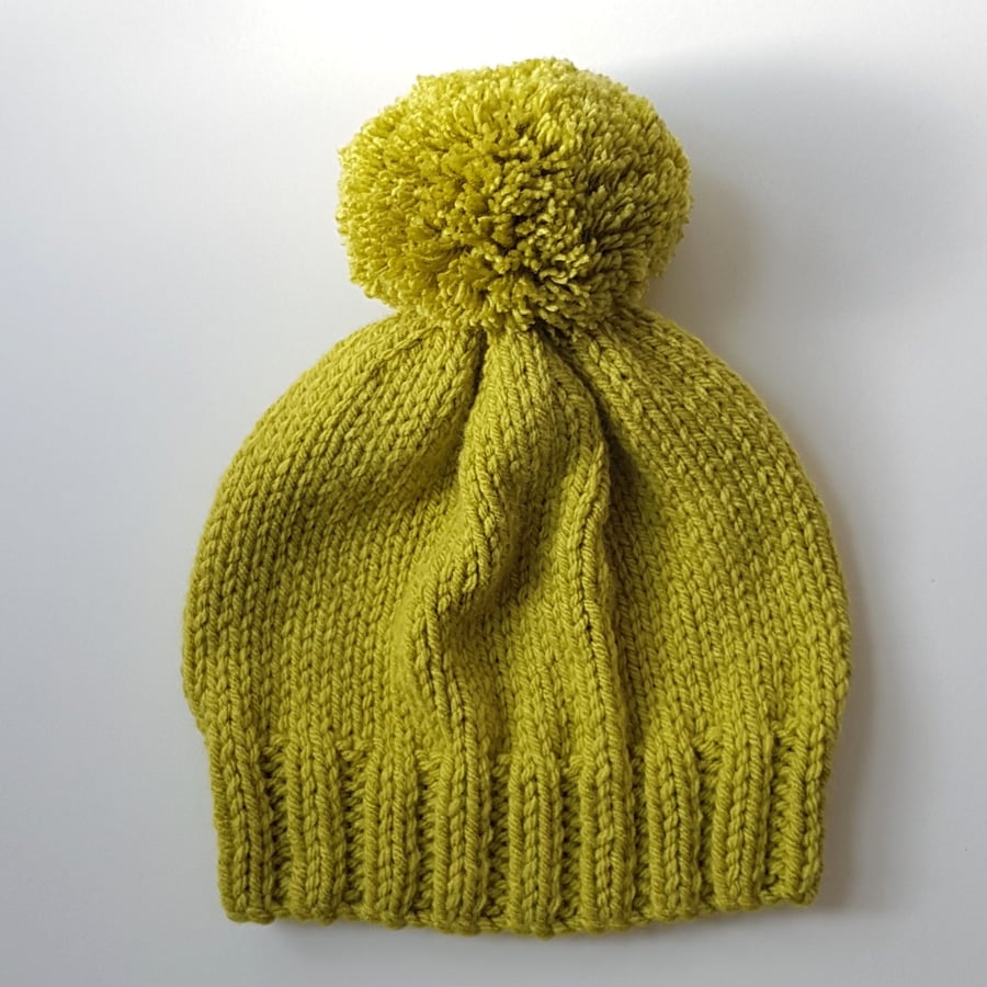 Bobble Hat in Lime Green Chunky Yarn 