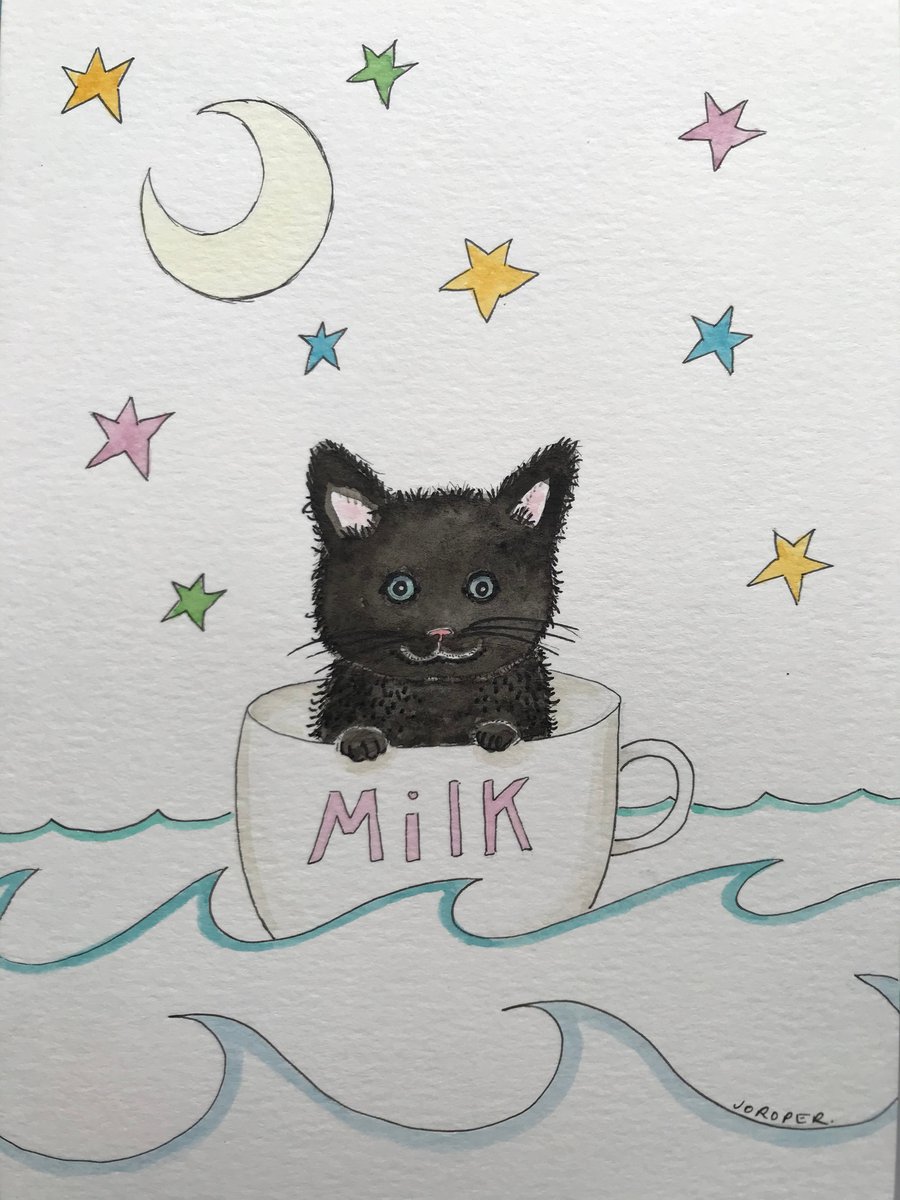 Original Painting  stars sailing kitty black cat Jo Roper