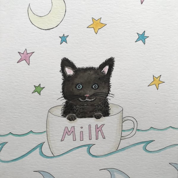 Original Painting  stars sailing kitty black cat Jo Roper