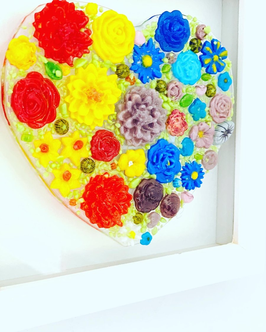 Beautiful fused glass hearts and flowers- glass art picture