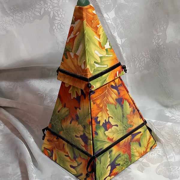 Handmade pyramid sewing box. Fully equipped. Autumn colours.
