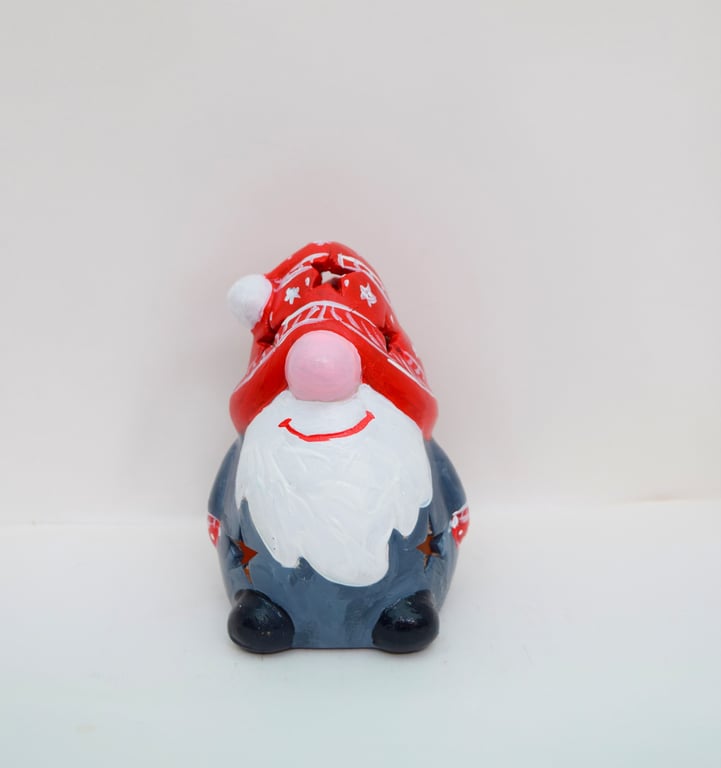 Hand-Painted Christmas Snome Tea Light Holder - Dark Grey Coat