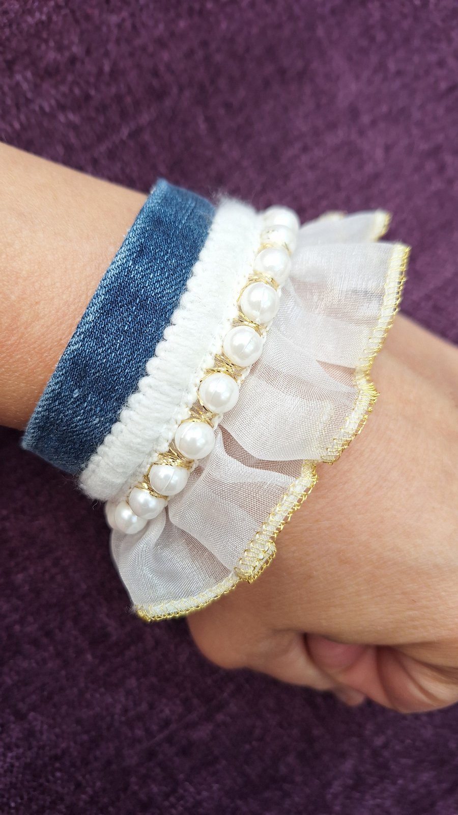 Ornate Upcycled Denim Bracelet (Faux Pearls, Lace Ruffles, Bold, Regency Style)