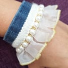 Ornate Upcycled Denim Bracelet (Faux Pearls, Lace Ruffles, Bold, Regency Style)