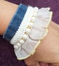 Ornate Upcycled Denim Bracelet (Faux Pearls, Lace Ruffles, Bold, Regency Style)