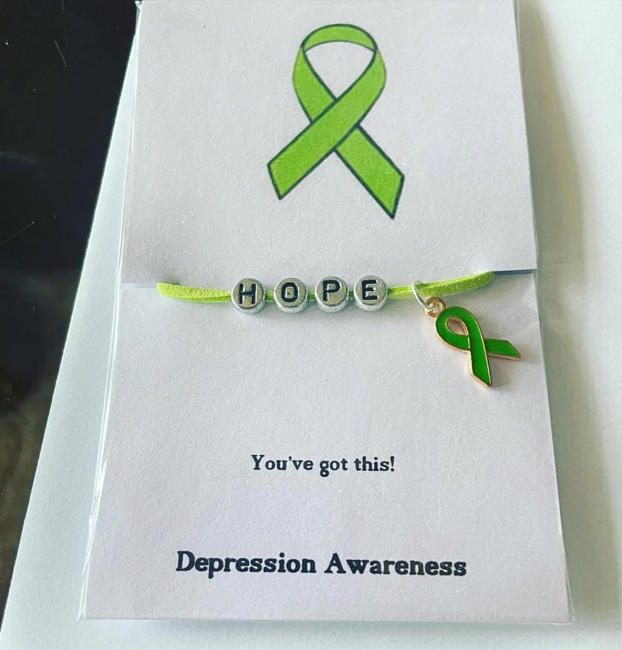 Hope wording wish bracelet green ribbon awareness depression suede effect 
