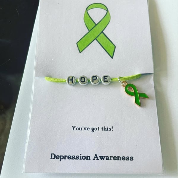 Hope wording wish bracelet green ribbon awareness depression suede effect 