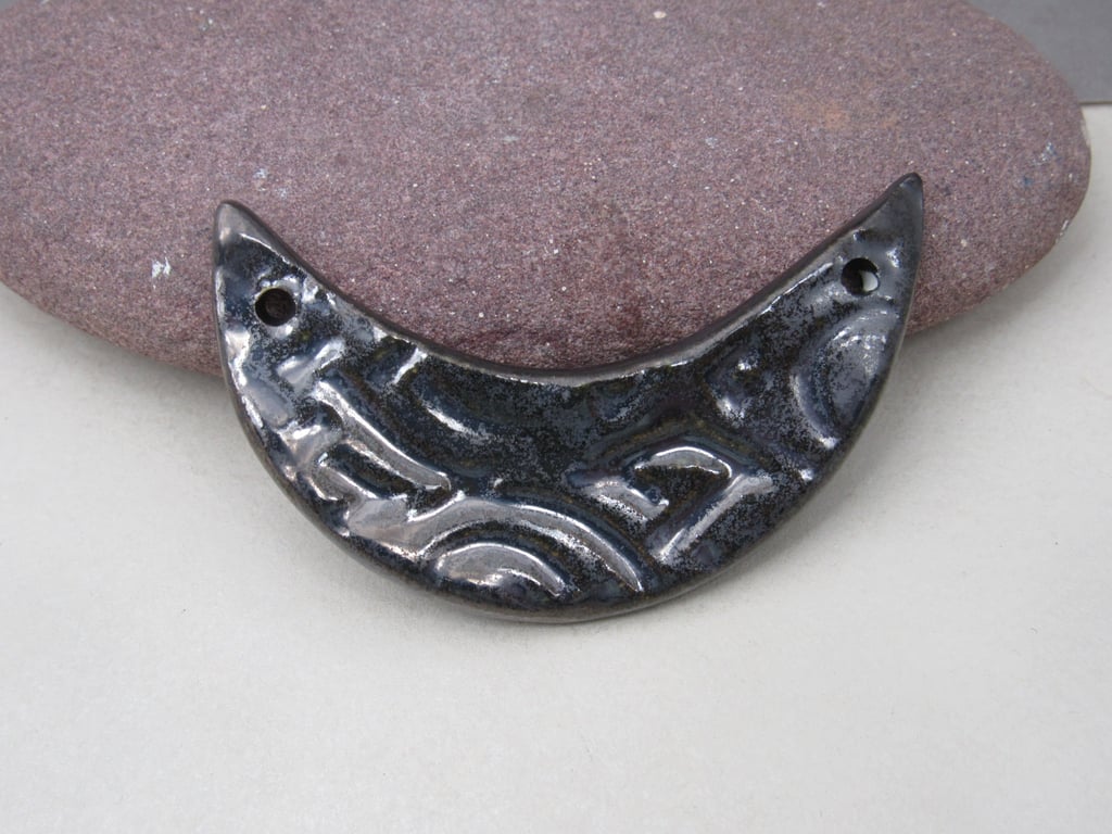 Metallic Silver Celtic Ceramic Crescent Bib Pendant