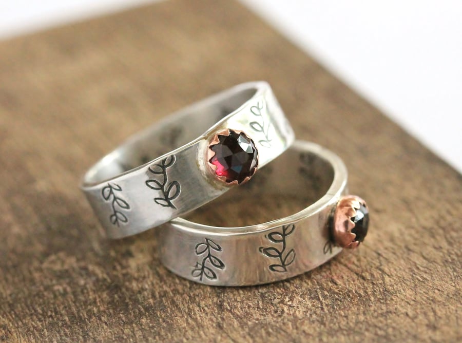 Silver Floral Garnet Ring - Silver Stacking Ring - Garnet Stacking Ring