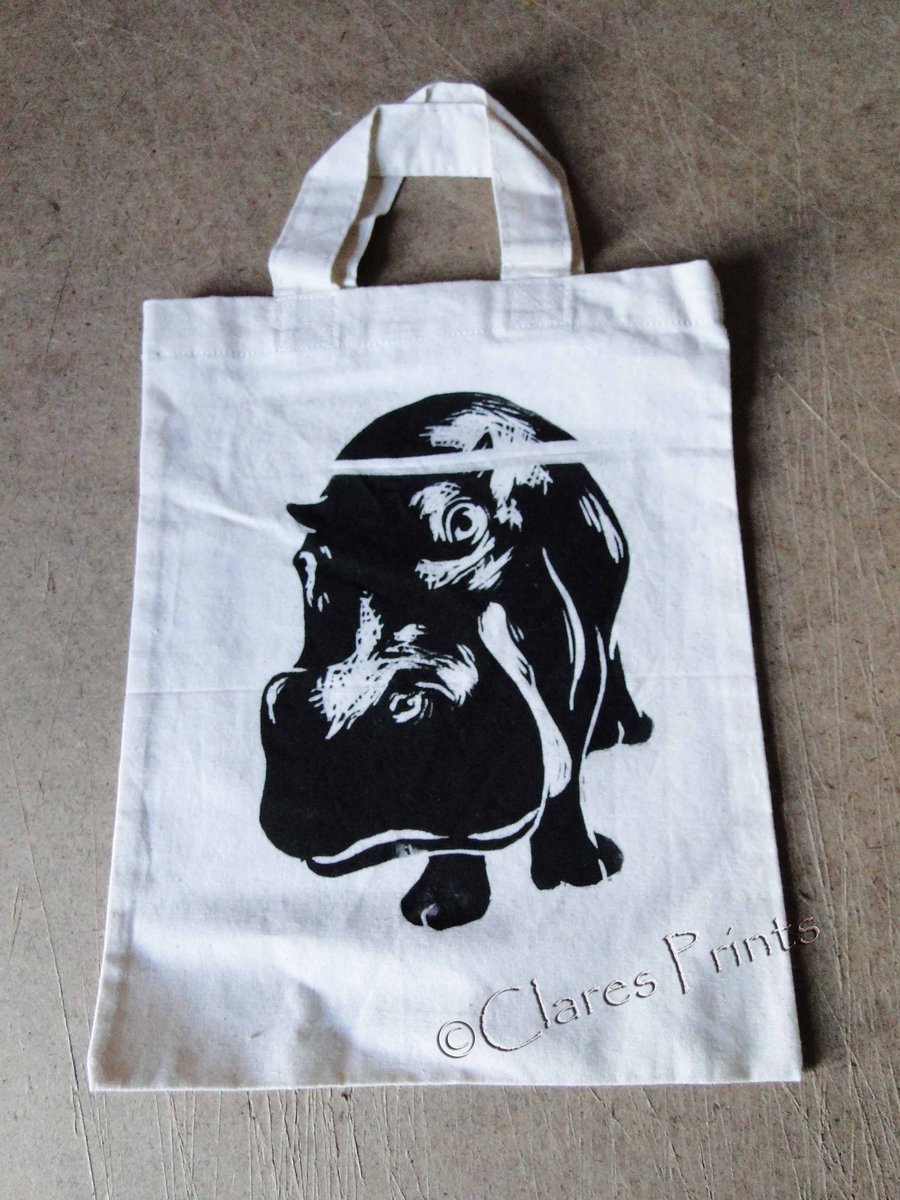 Sale Black Hippo Linocut Hand Printed Mini Tote Shopping Bag Children