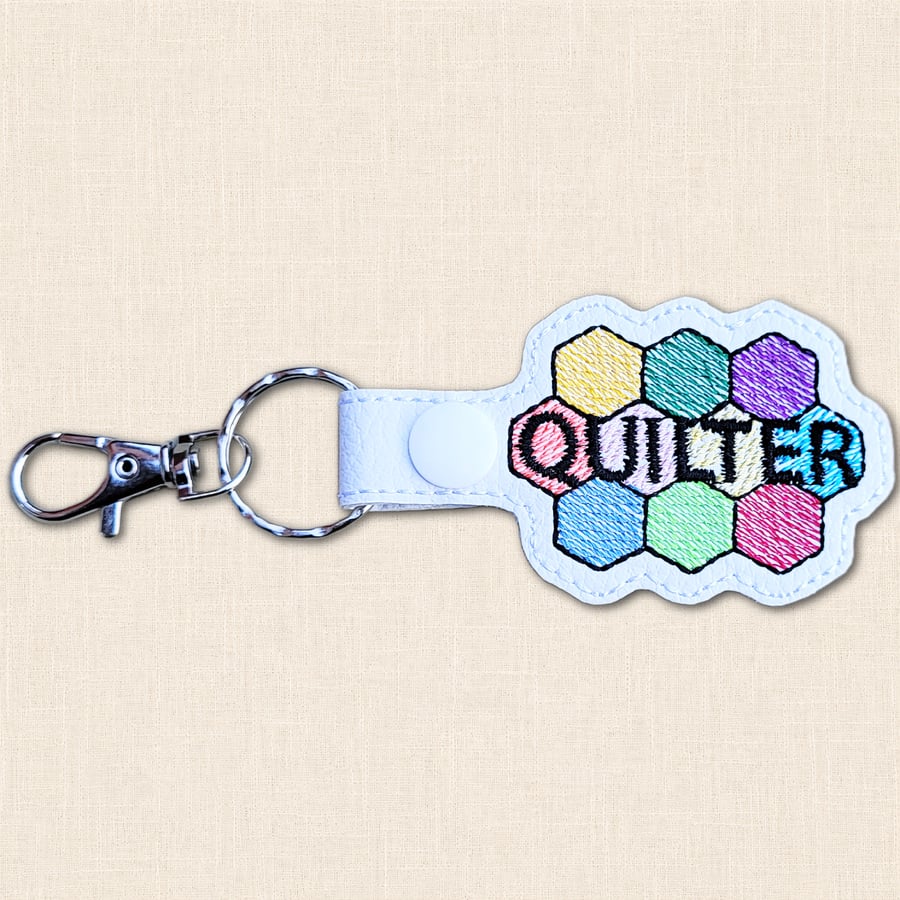 Quilter Patchwork Keyring - Embroidered Faux Leather Craft Bag Charm
