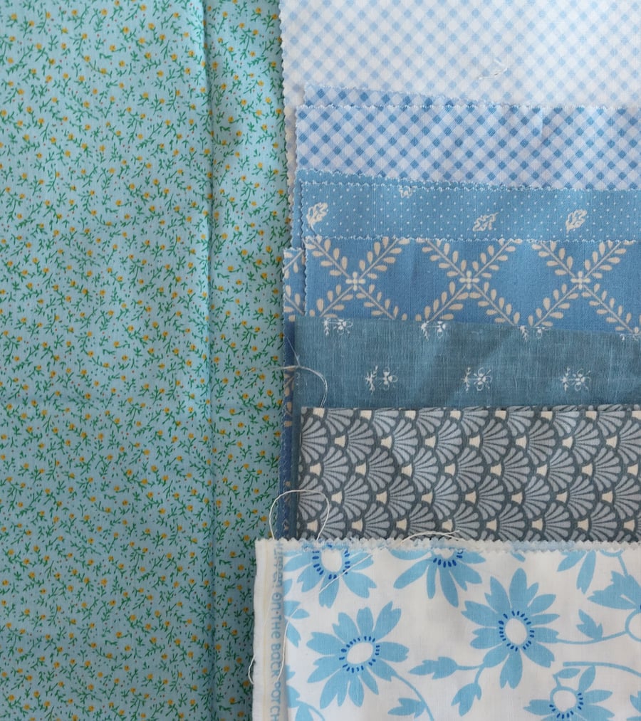 Pale blues floral fabric remnants bundle