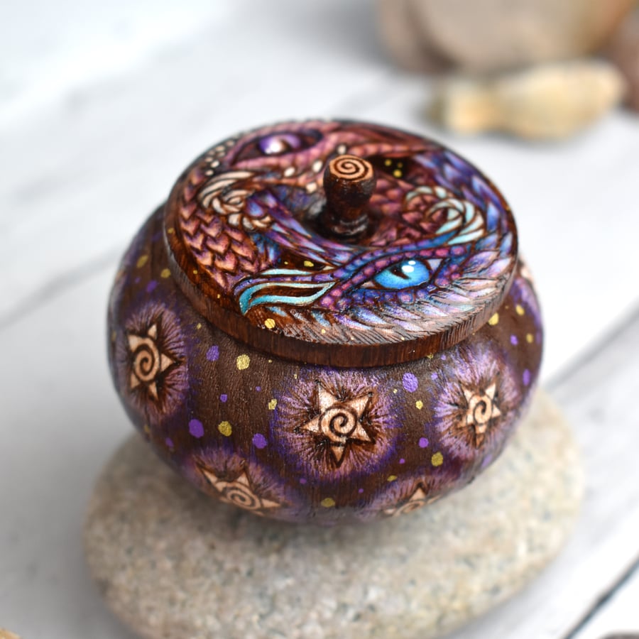 Dragon friends, wooden pyrography trinket pot with place on lid. Wood gift.