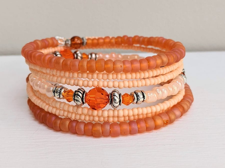 Memory Wire Seed Beaded Stacked Bracelet, Multi layer Cuff Bangle