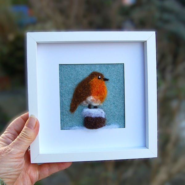 Robin  in the Snow -  Needle felted  picture - 