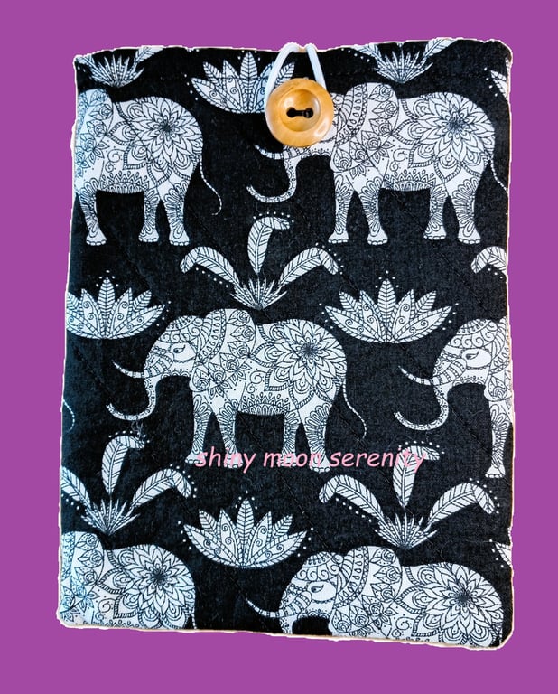 White Elephant Print on black background, Book-Kindle Sleeve.