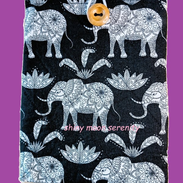 White Elephant Print on black background, Book-Kindle Sleeve.