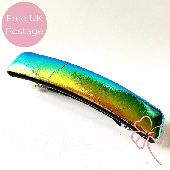 Handmade Golden Rainbow Iridescent Dichroic Fused Glass Hair Barrette