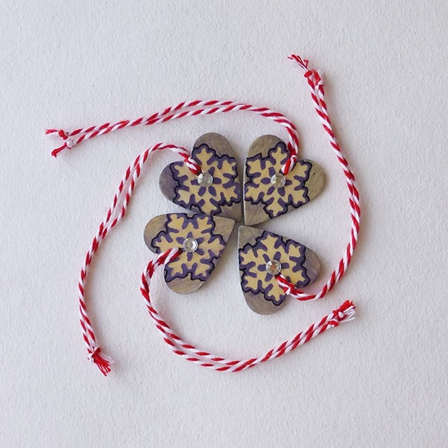 Hearts- Hanging decorations - snowflakes - violet & silver pack of four