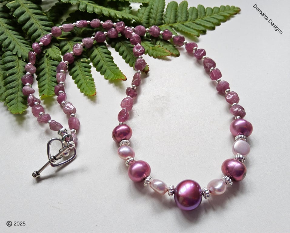 Designer Natural Pink Tourmaline & Baroque Freshwater Pearl Necklace 