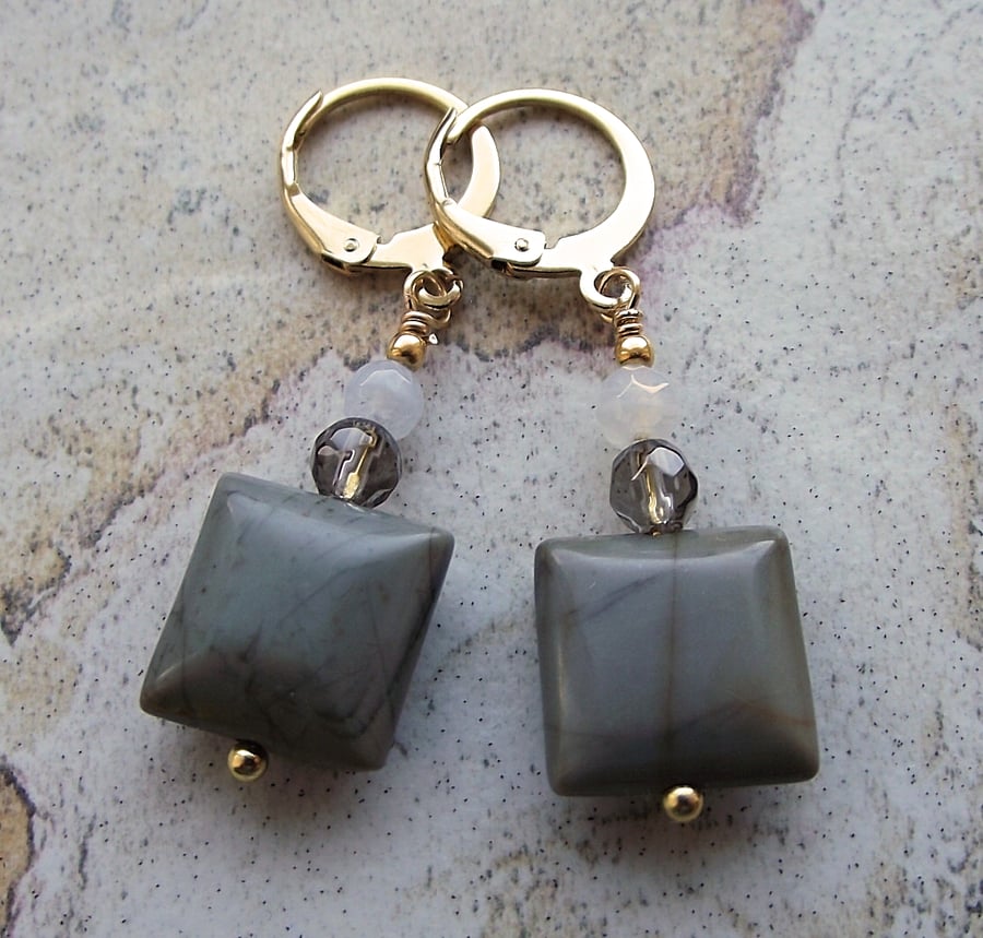 Grey green jasper and jade earrings gold hoop square drop gemstone